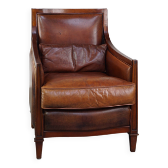 Fauteuil de style Art Déco en cuir de mouton cognac et bois