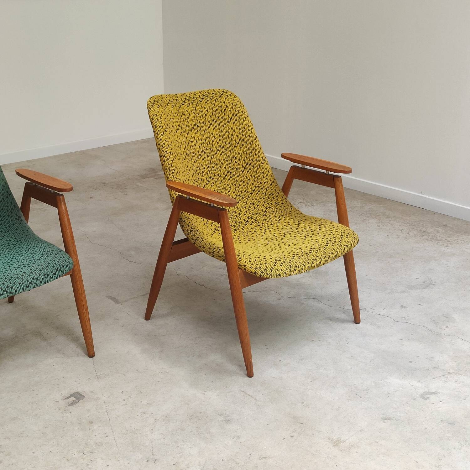 Pair of yellow and green resin and wood armchairs by Miroslav Navratil
