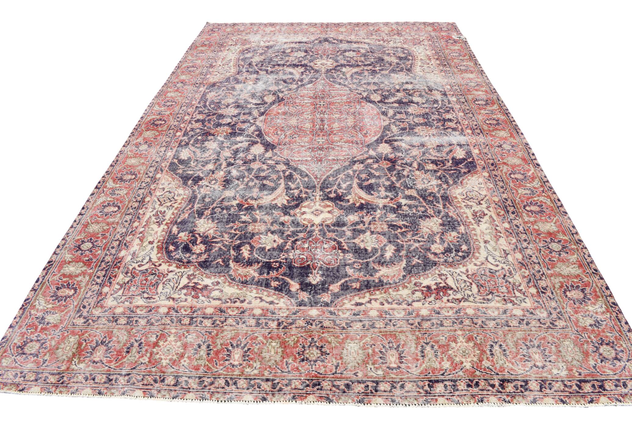 7x11 Vintage Red & Navy Blue Persian Rug, Oriental Rustic Decor, 228x338Cm