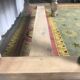 Solid oak farm table with turned feet & 2 elongated aero gum