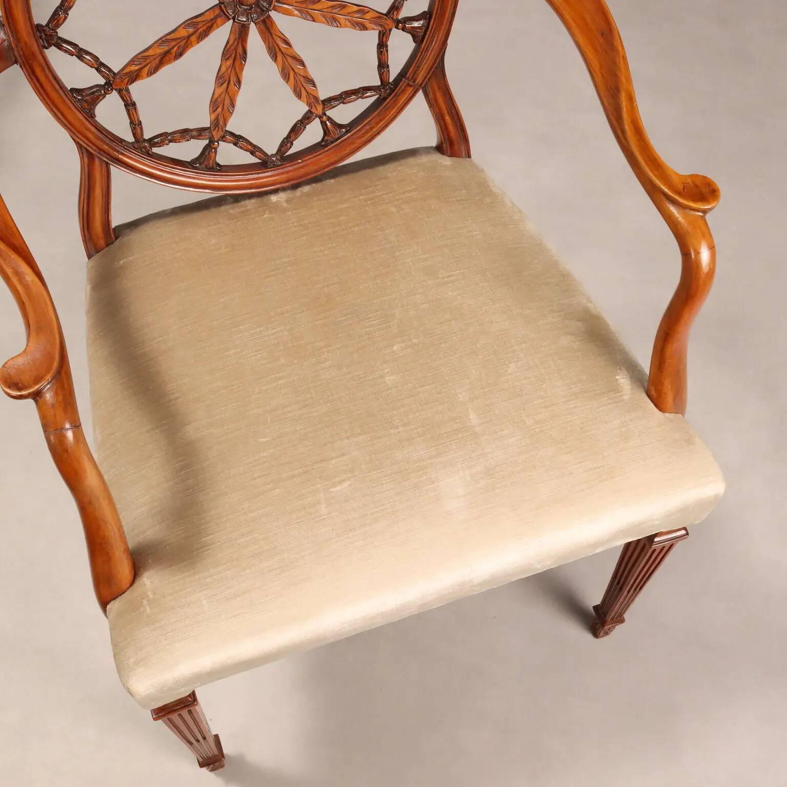 Antique cherry wood and fabric armchairs, United Kingdom, 20th century