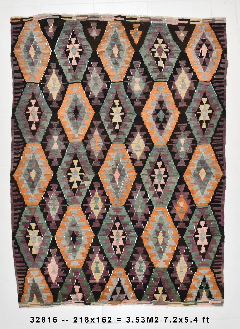 5x7 Green & Purple Geometic Persian Kilim Rug, 162x218Cm