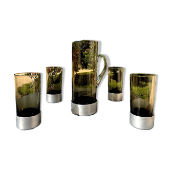 Orangeade set: one jug and 4 assorted glasses, smoky metal color