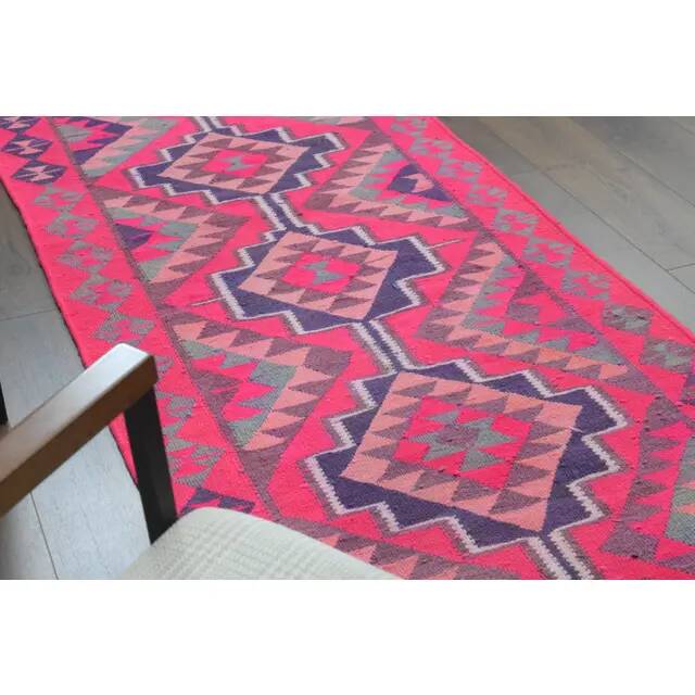 1970s Vintage Turkish Hand-Knotted Wool Cotton Pink Runner Rug 91x312
