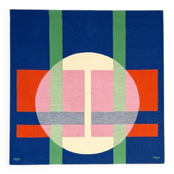 Tapisserie murale Bauhaus par Herbert Bayer pour NGM, Allemagne, 1988. Titre de l'œuvre : "Cercle blanc sur structure".