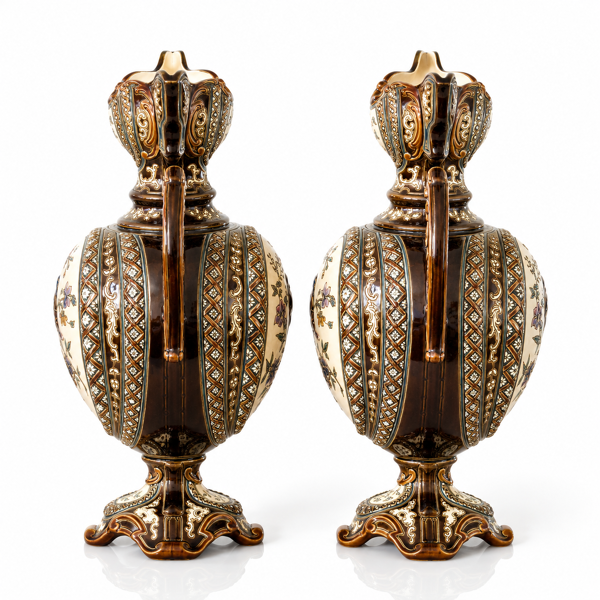 Paire de vases balustres en majolique de 1885 signés Gerbing & Stephan