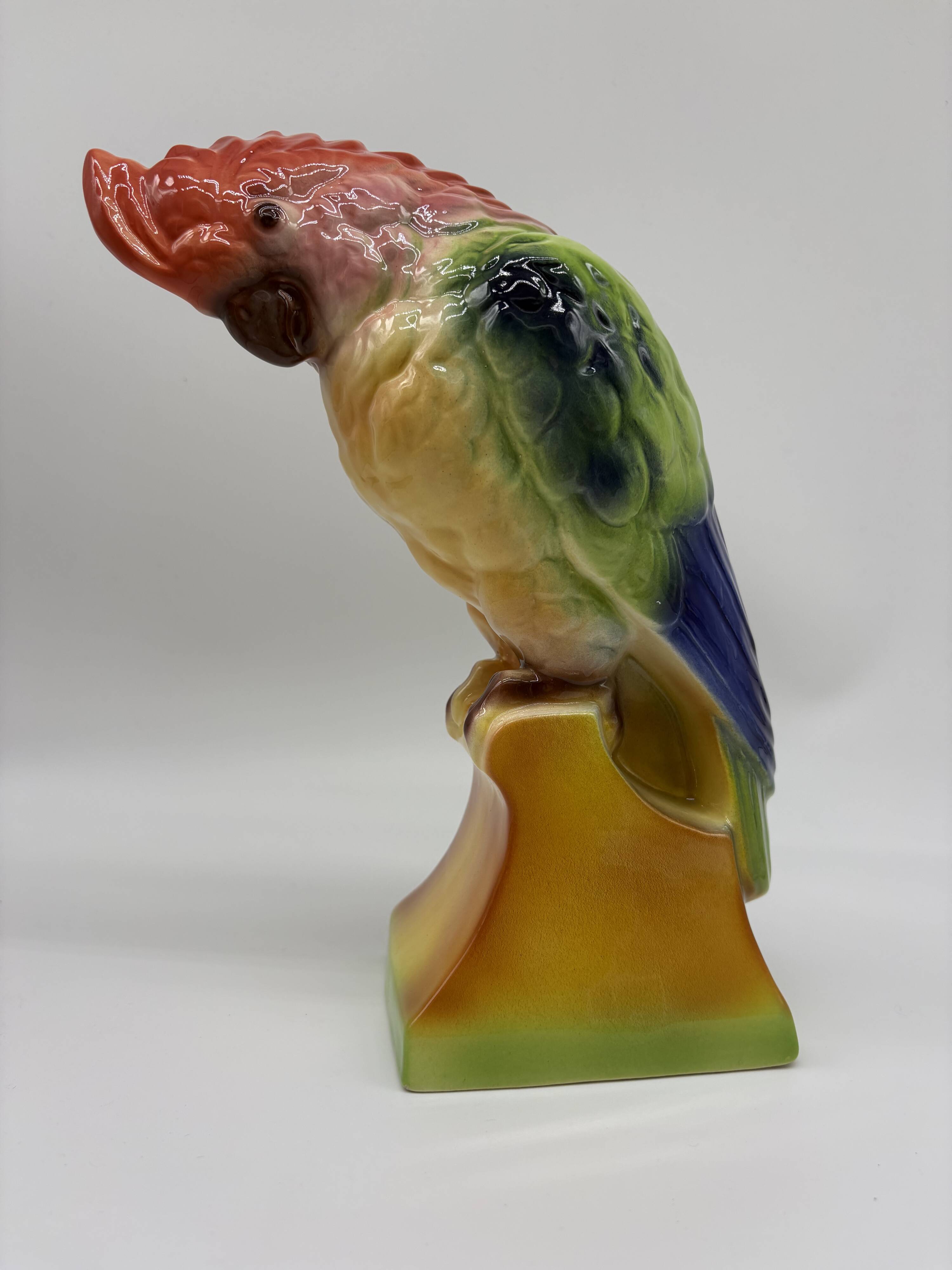 Large Cockatoo Saint-Clément France Hand-Painted Ceramic Tropical Bird