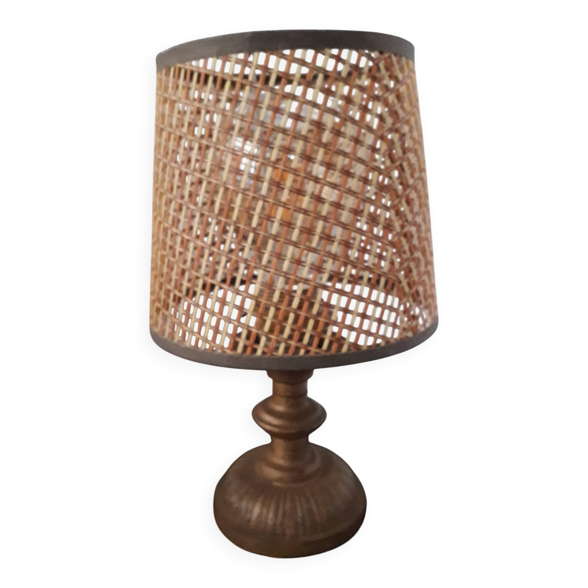 Very original vintage metal lamp with its caned lampshade