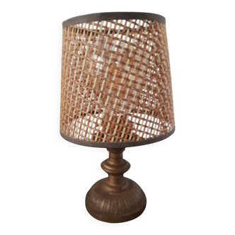 Very original vintage metal lamp with its caned lampshade