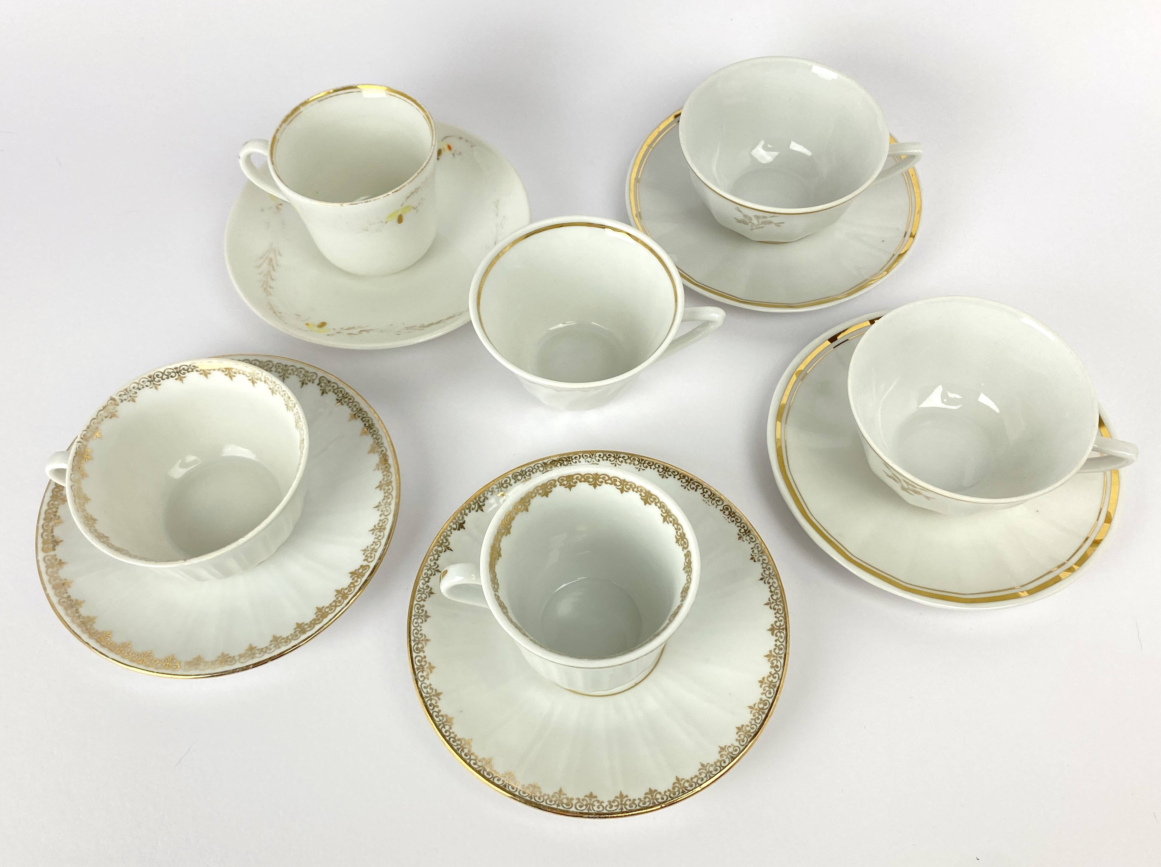 Vintage Mismatched Set of 6 Porcelain Cups and 5 Saucers - Gold