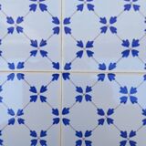 Vintage wood and blue ceramic tile coaster and bottle coaster set