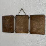 Vintage 1930s barber triptych mirror crystal faux leather gold - 25 x 59 cm