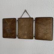 Vintage 1930s barber triptych mirror crystal faux leather gold - 25 x 59 cm