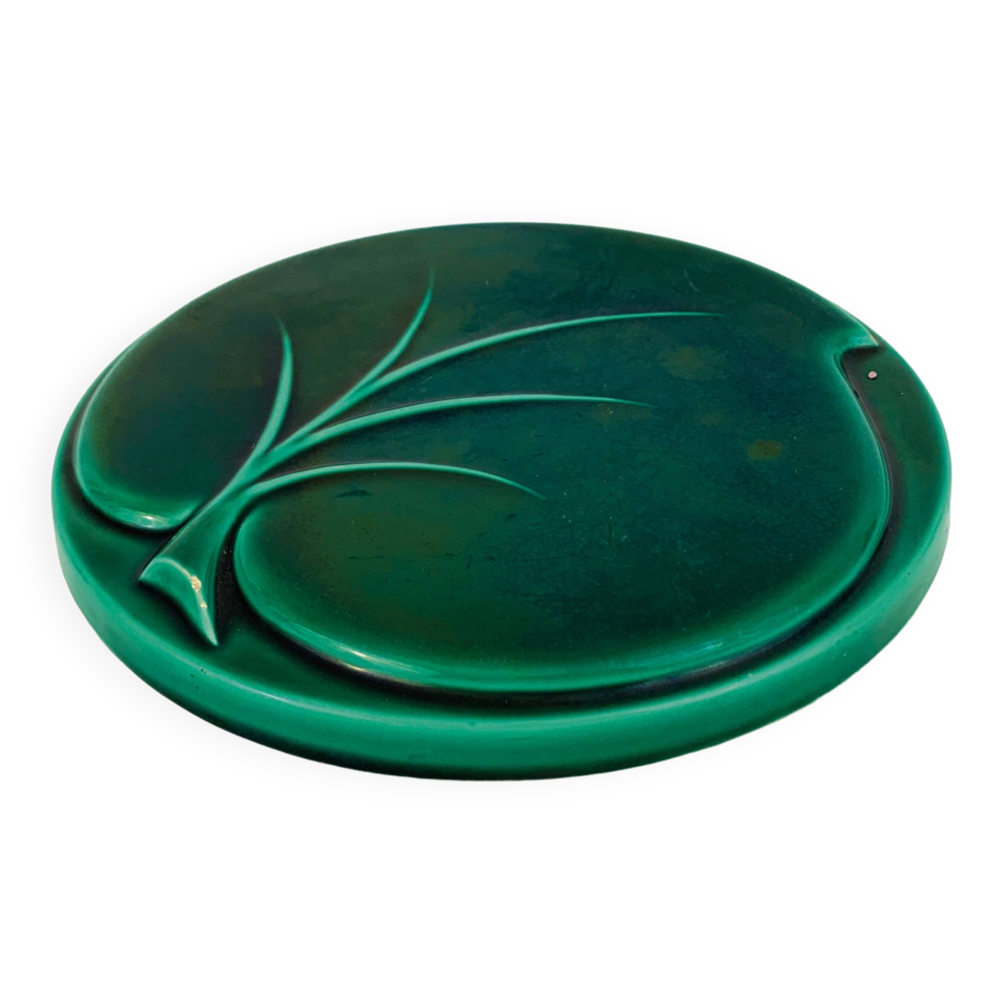 Leaf relief trivet or wall decoration in green varnished ceramic
