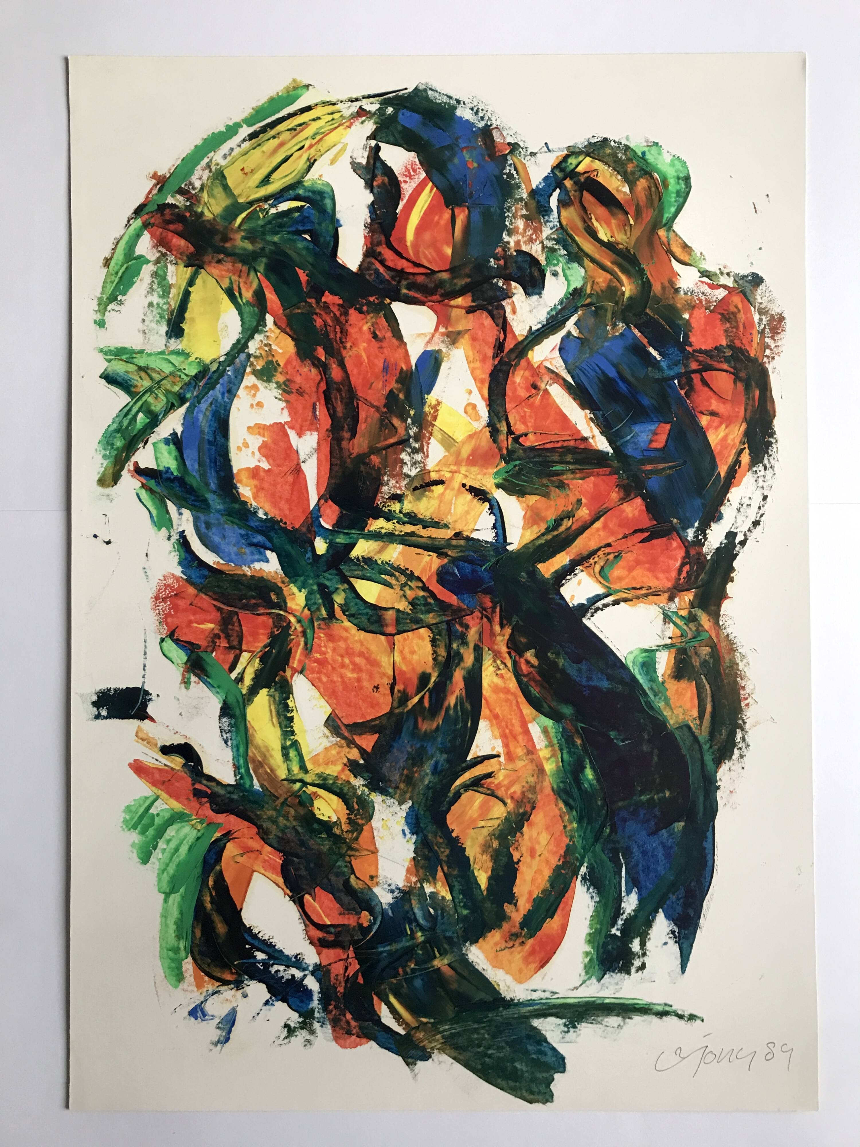 Composition abstraite orange et verte, gouache sur papier, 1989