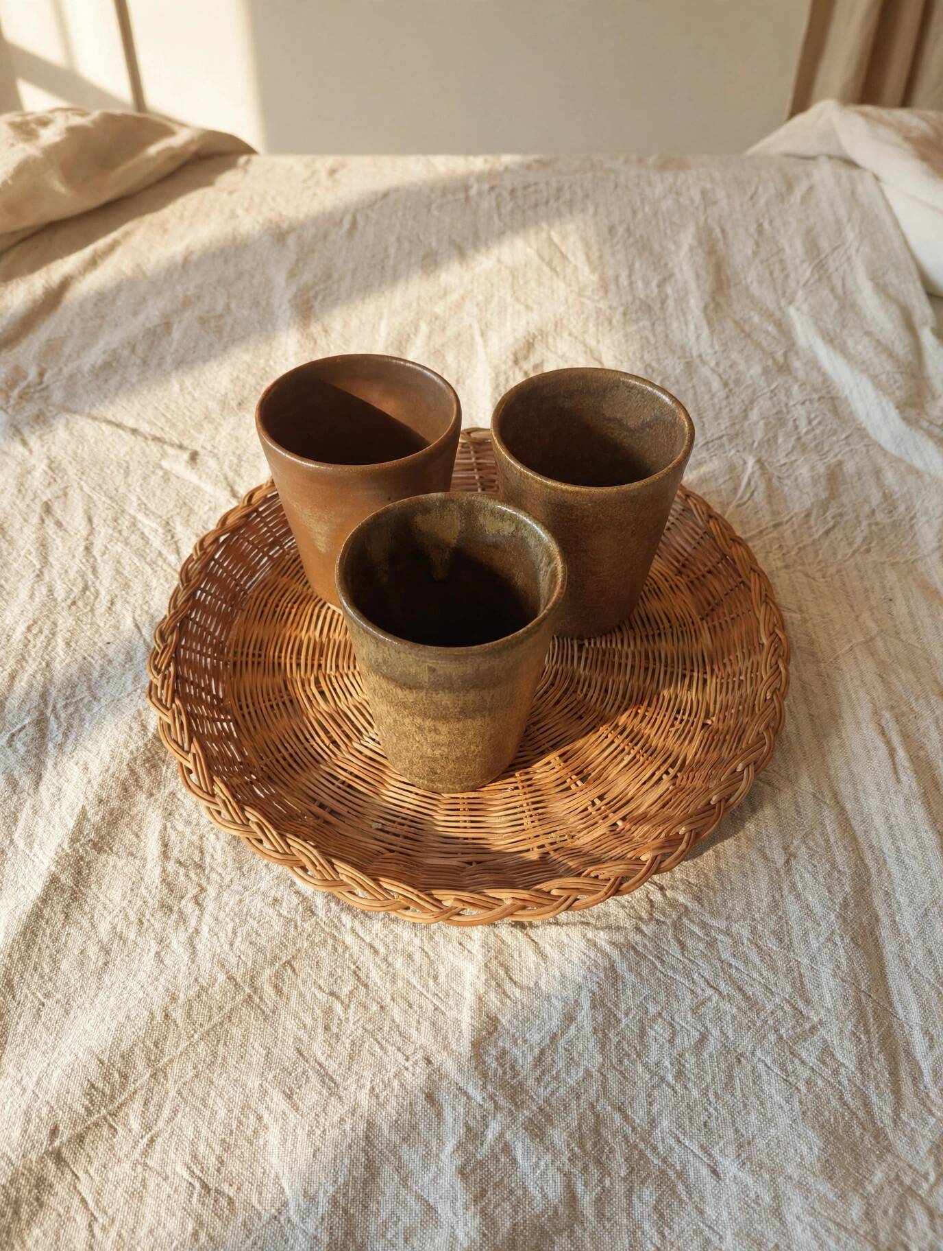3 vintage 70s glazed stoneware cups and the wicker tray.
