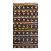 Tapis Kilim fait main en laine rayé marron foncé et jaune, 170x312 cm.