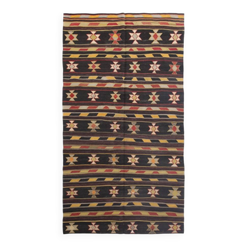 6x10 Dark Brown & Yellow Striped Handmade Wool Kilim Rug, 170x312 Cm