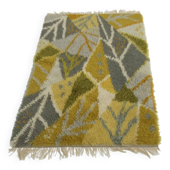 Scandinavian Design Wool Rya Rug Woven Handmade Vintage 1970s Yellow