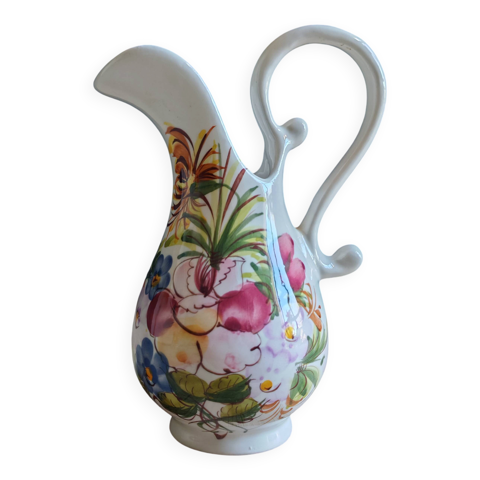 Vintage Ceramic Jug Hand-Painted Multicoloured Floral Decor, Ewer