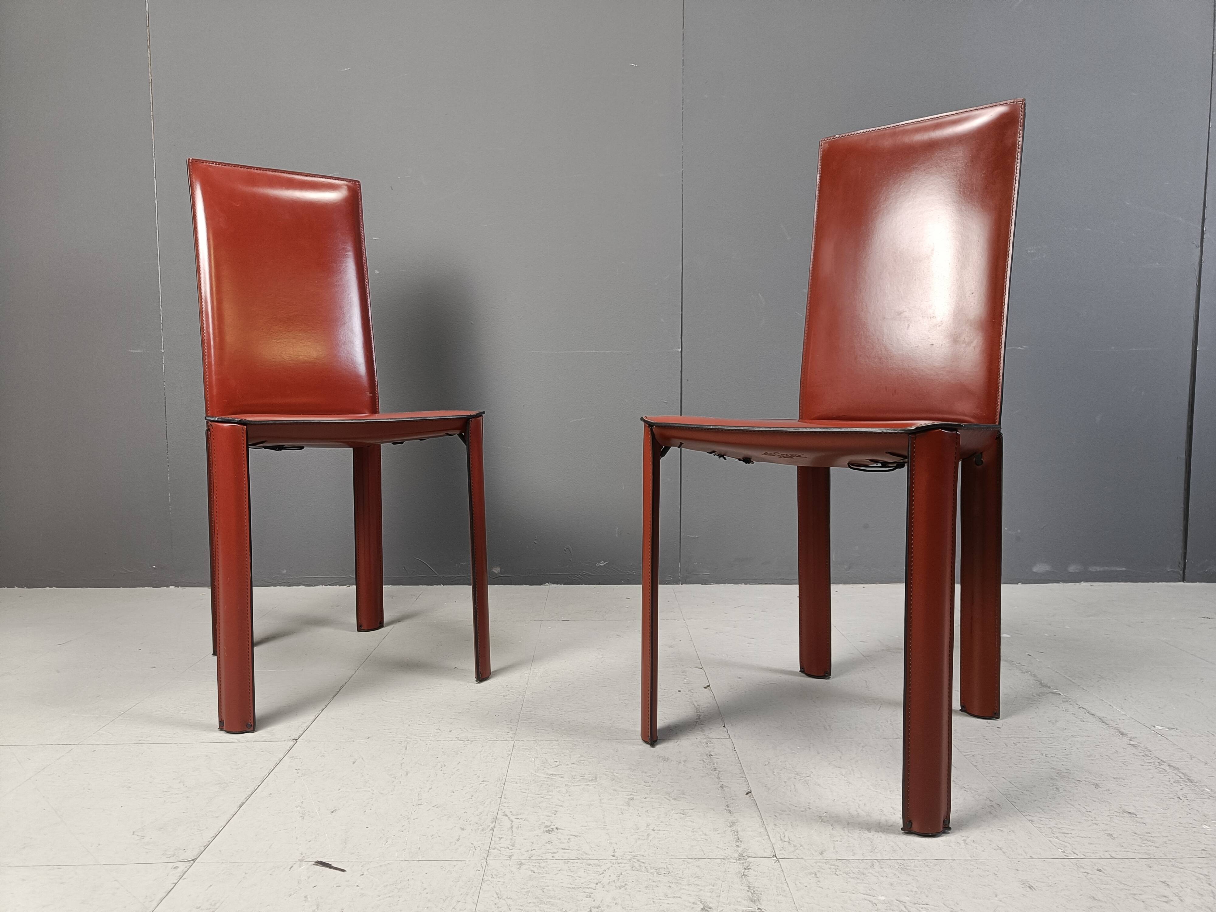 Red leather dining chairs by De Couro Brazil, 1980s - set of 4