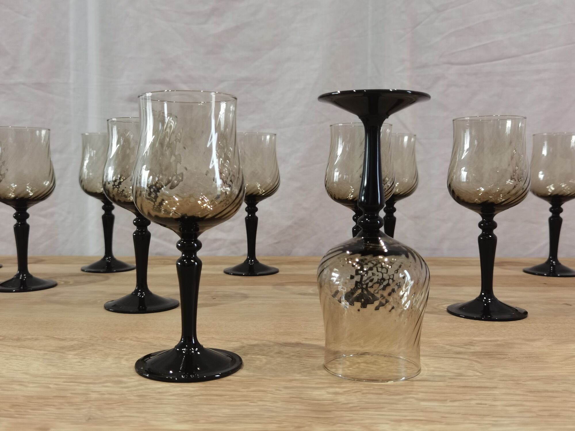 11 vintage black foot smoked twisted water glasses