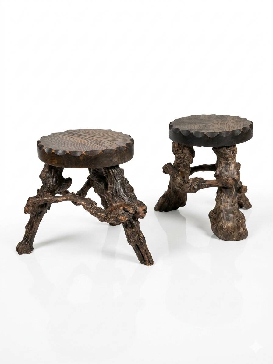 Pair of tripod stools with vine legs, oak top.