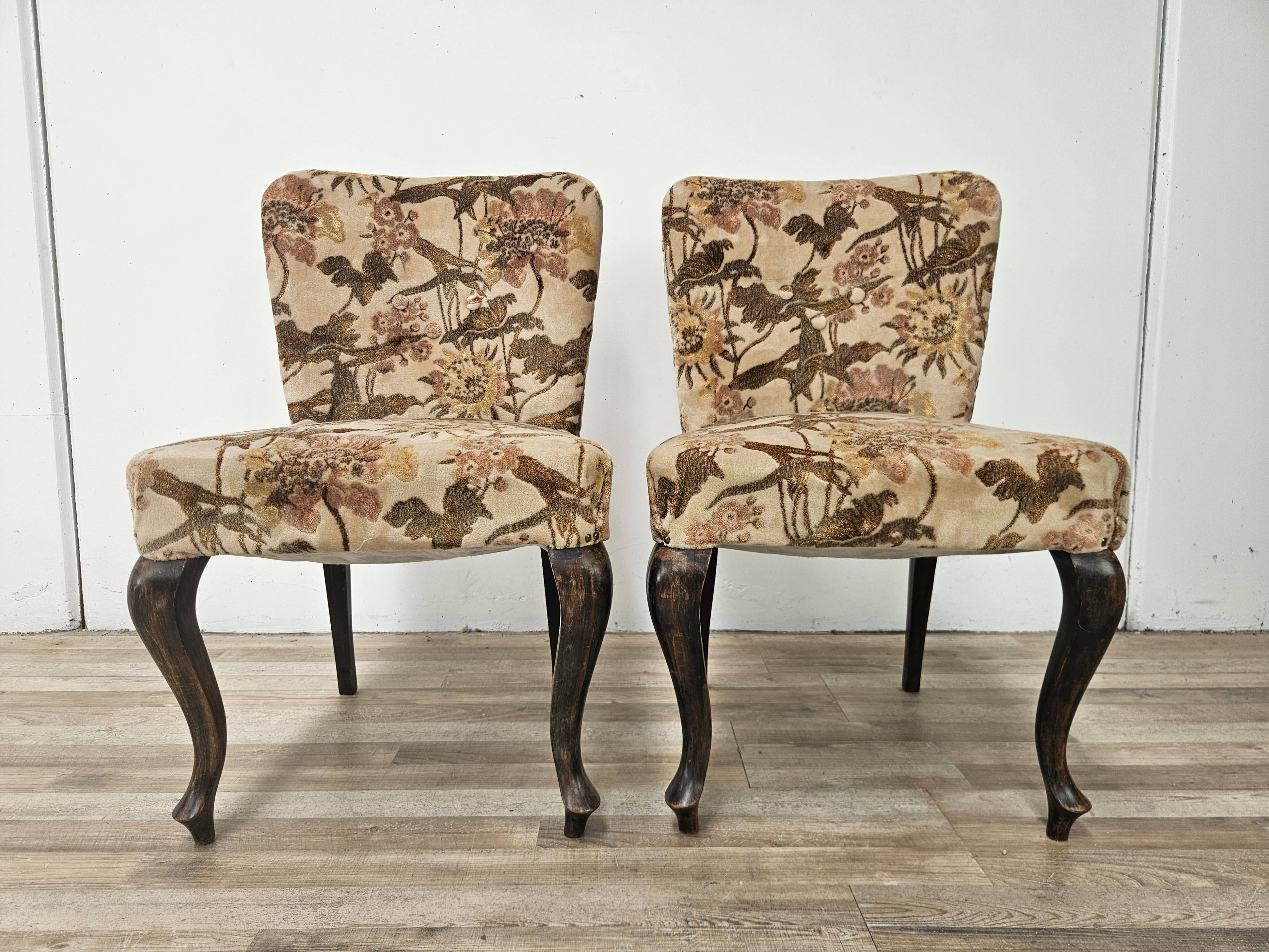 Pair of bedroom armchairs in walnut and fabric, 1960