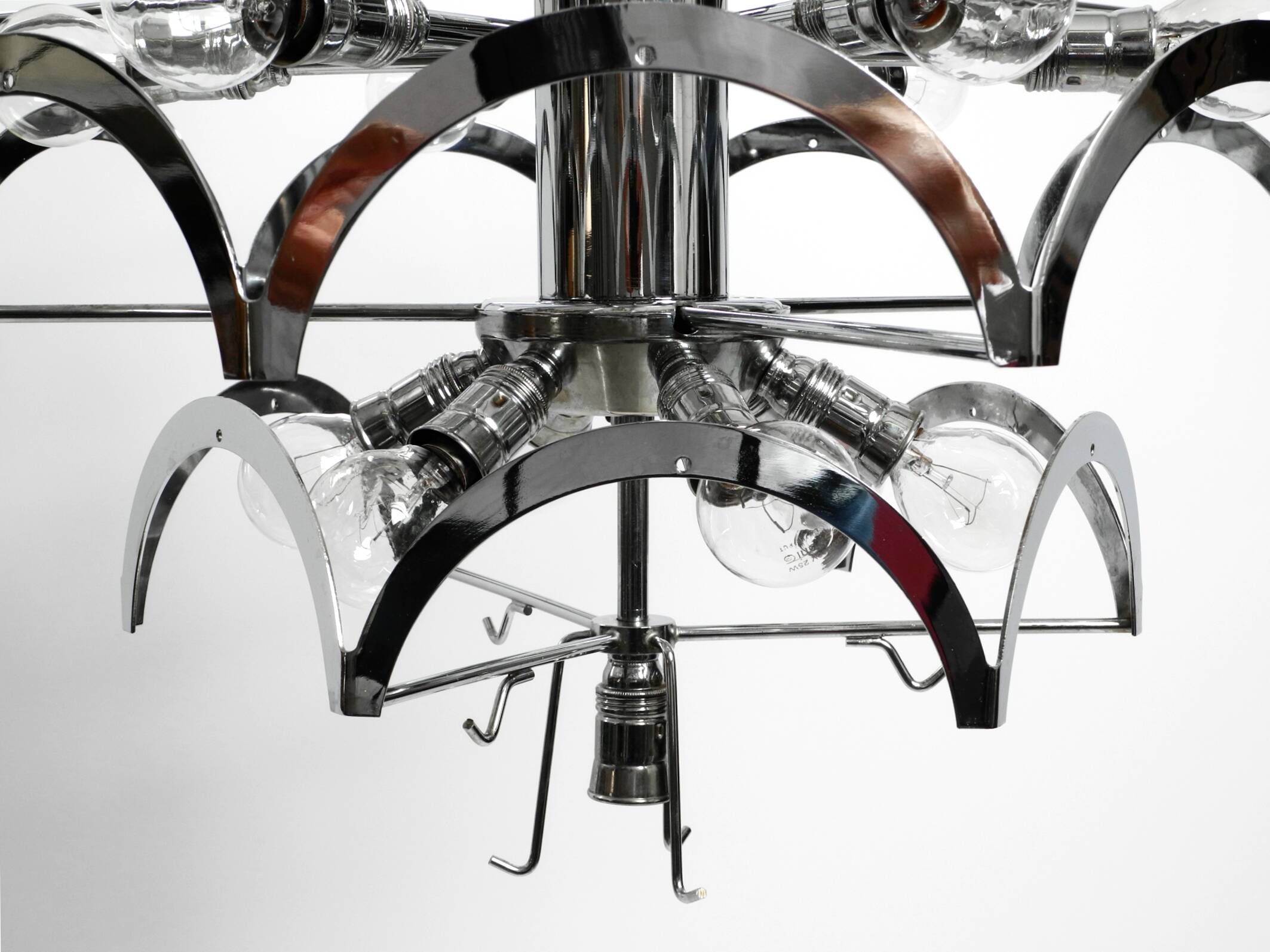 Large original 1960s large chrome metal and glass disc ceiling chandelier