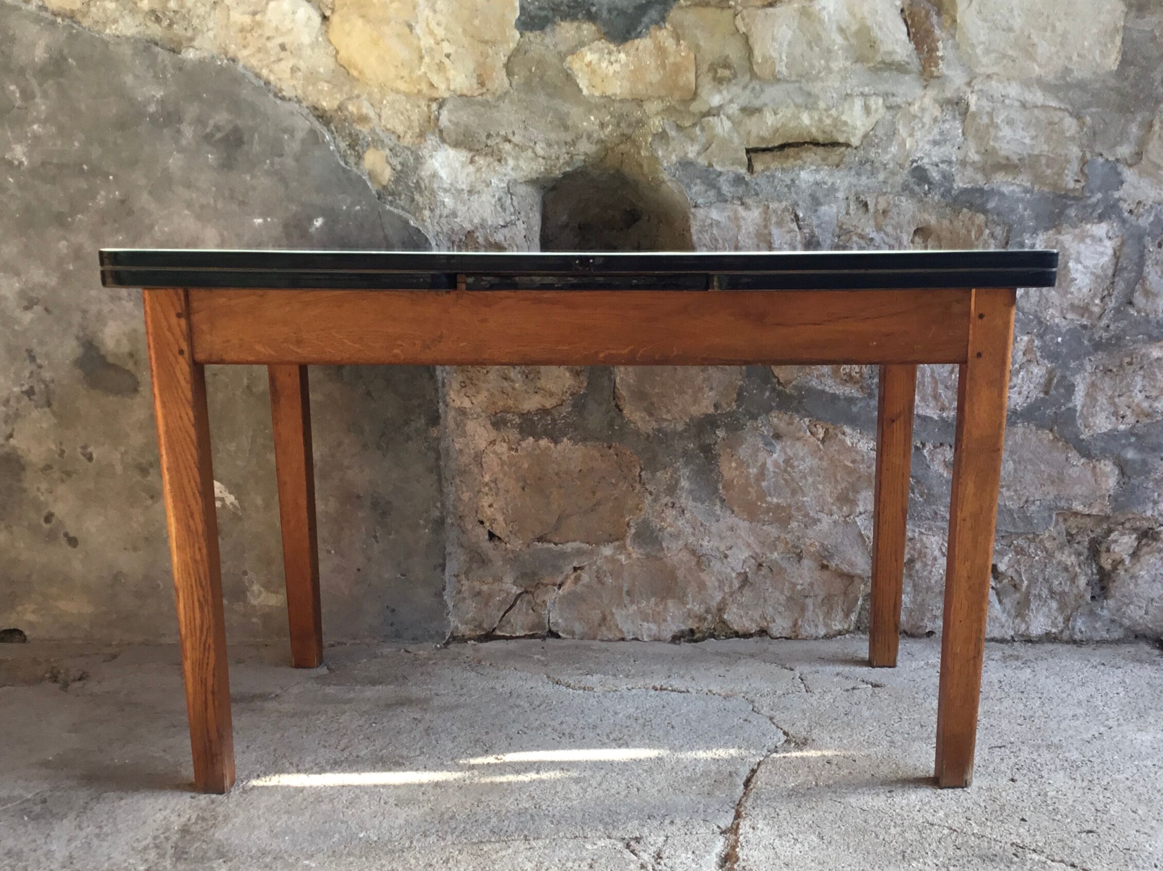 Vintage stretch table - oak footing - mint green formica tray - 1950