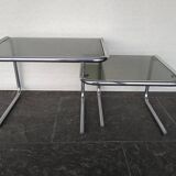 2 side tables in chrome and smoked glass