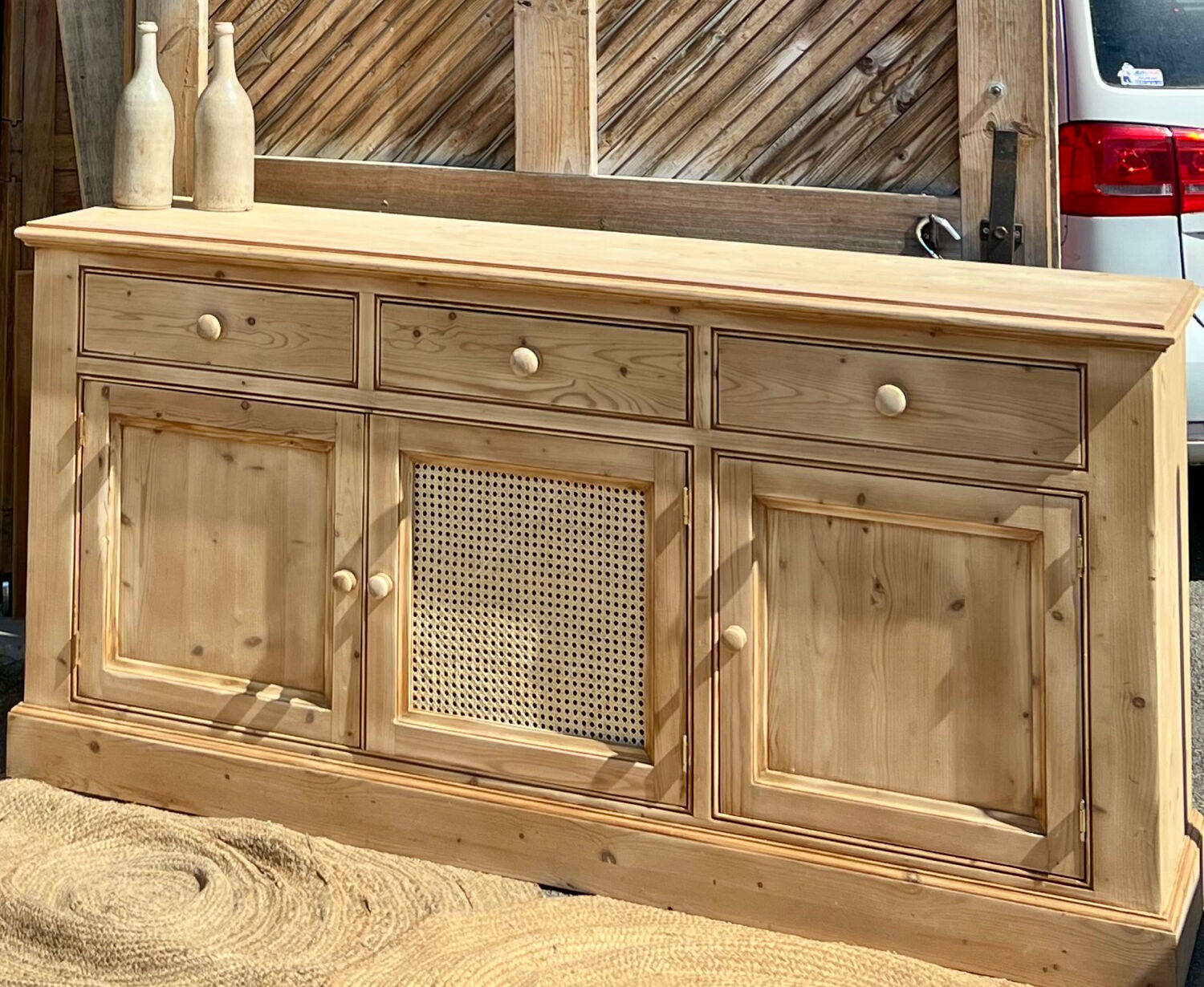 Renovated enfilade - solid raw wood sideboard with cane work