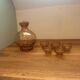 Carafe and 5 pink glass liqueur glasses with a gold rim 2008123