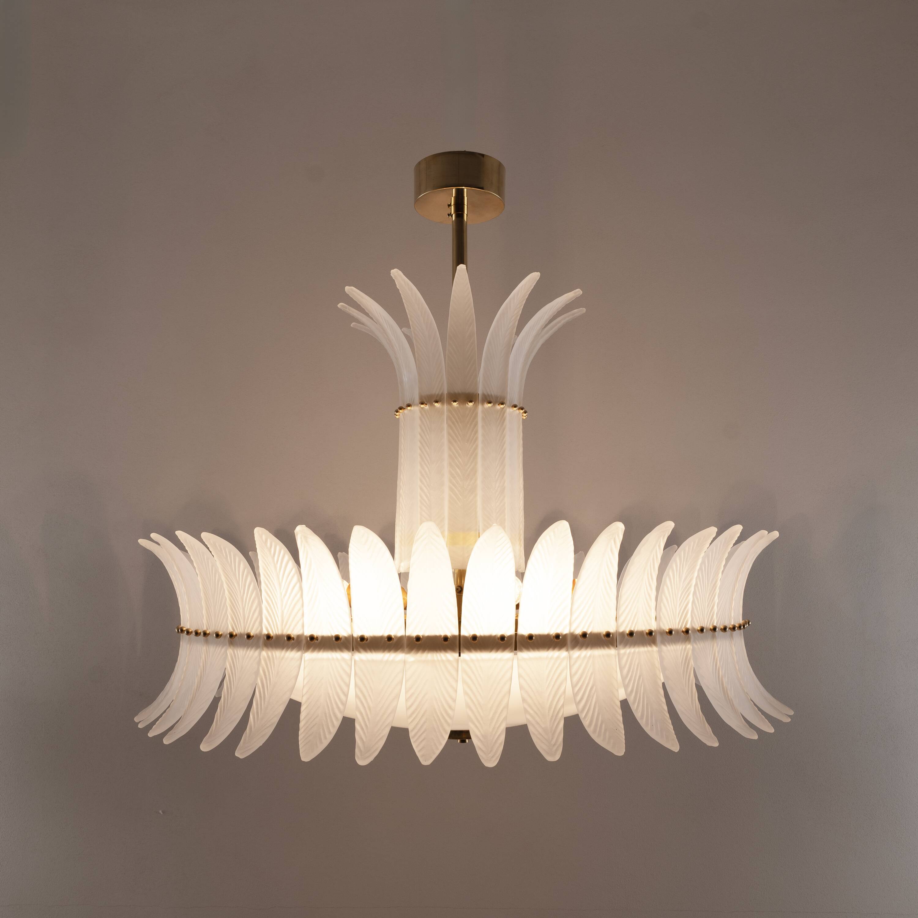 Italian Murano Glass Feather Chandelier with Brass Details