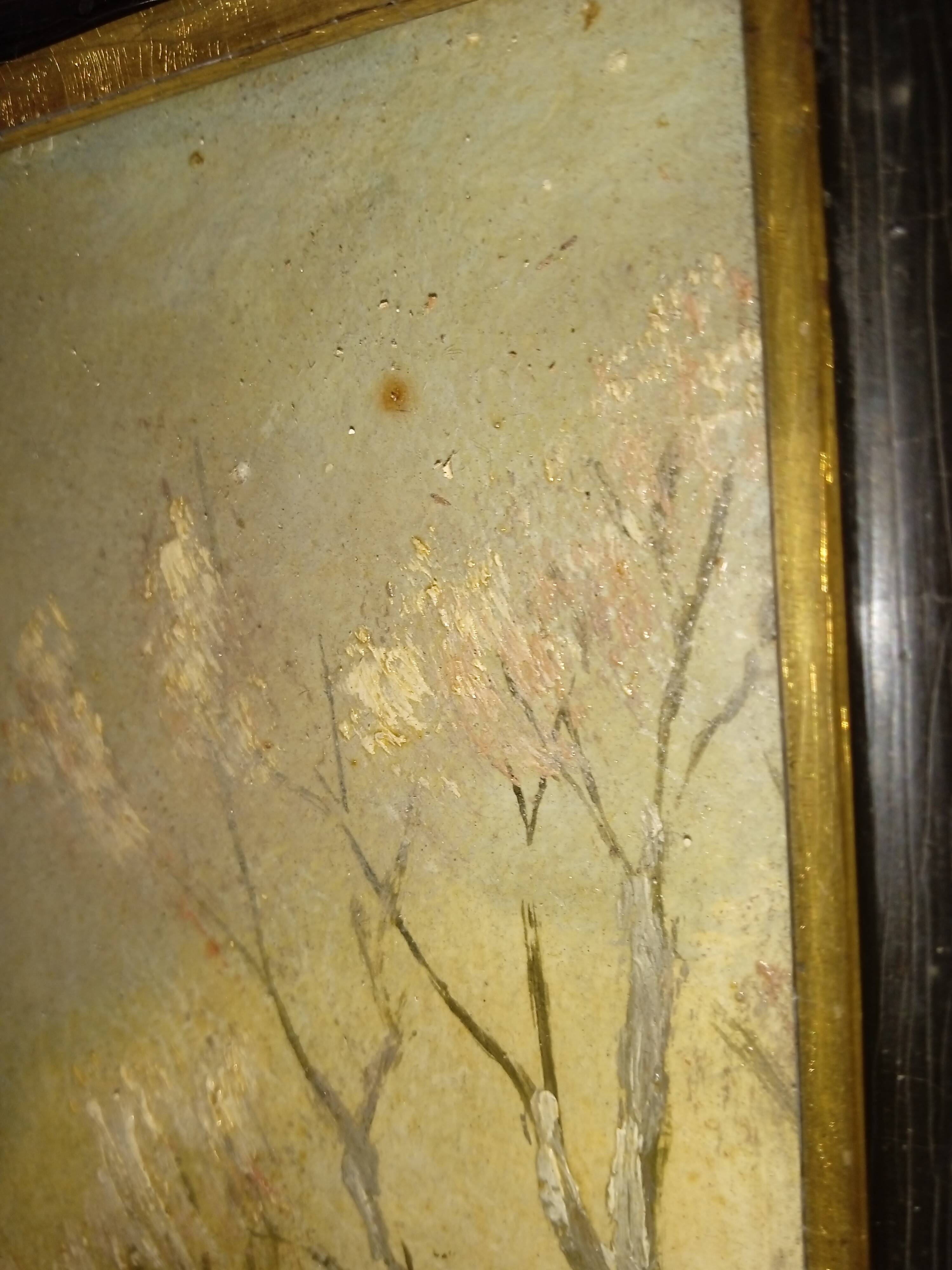 Old framed painting, oil "Wood under the snow", signed