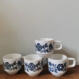 Set of 4 vintage bar coffee cups Sarreguemines vintage screen-printed blue flower pattern