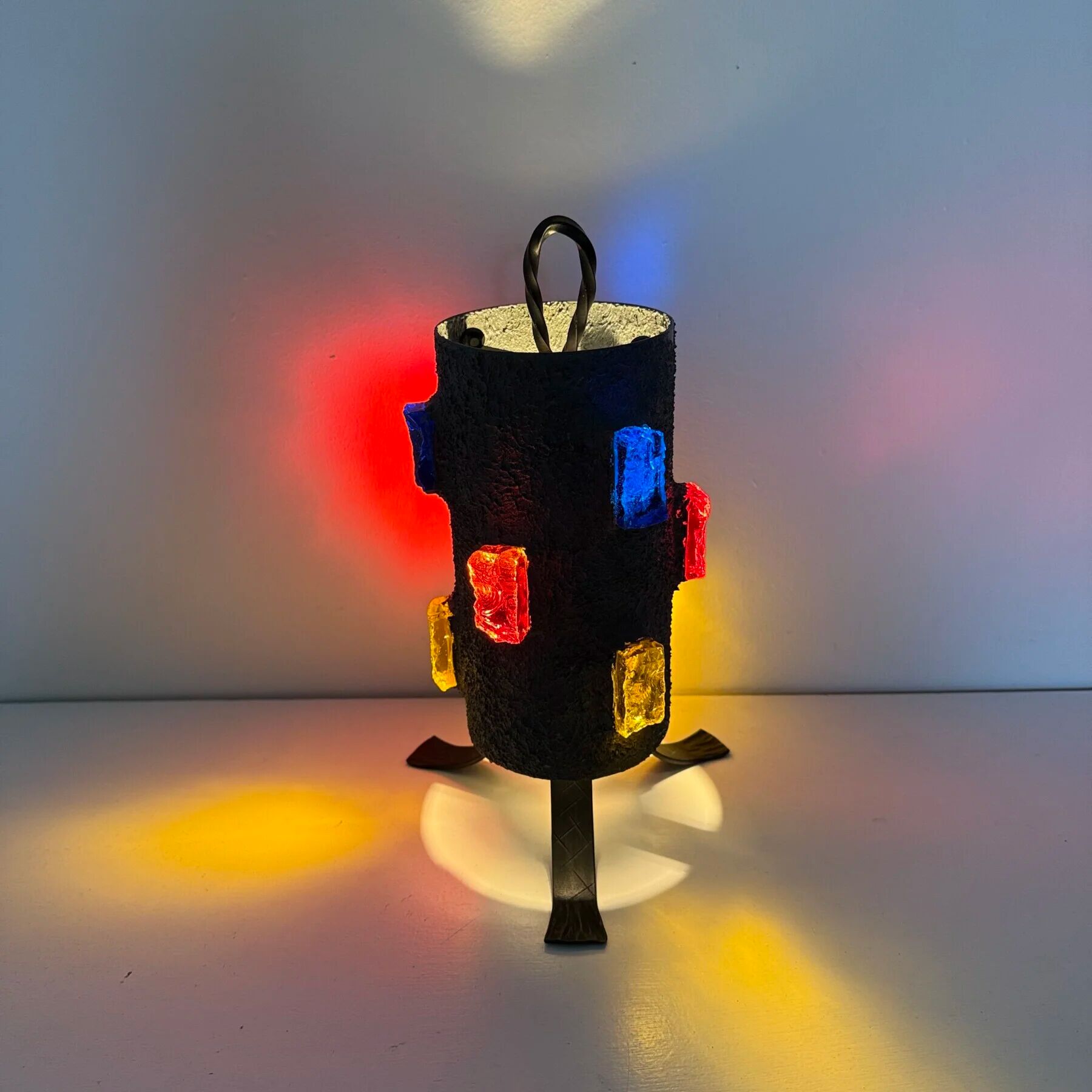 Brutalist table lamp metal and glass, 1970s