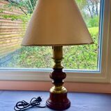 Table lamp with wooden and brass base + lampshade - Height 68 cm