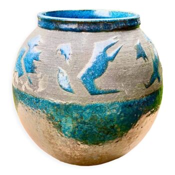 Vase pensu en ceramique émaillé bleu et gris décor abstrait - n° 10 - vintage