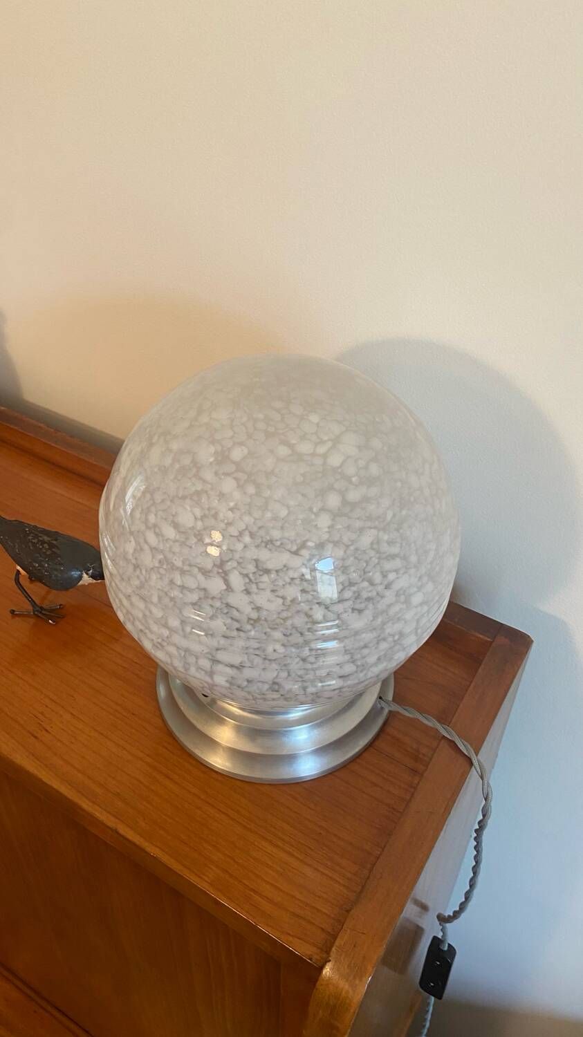 Table ball lamp in Clichy glass and Art Deco aluminum base