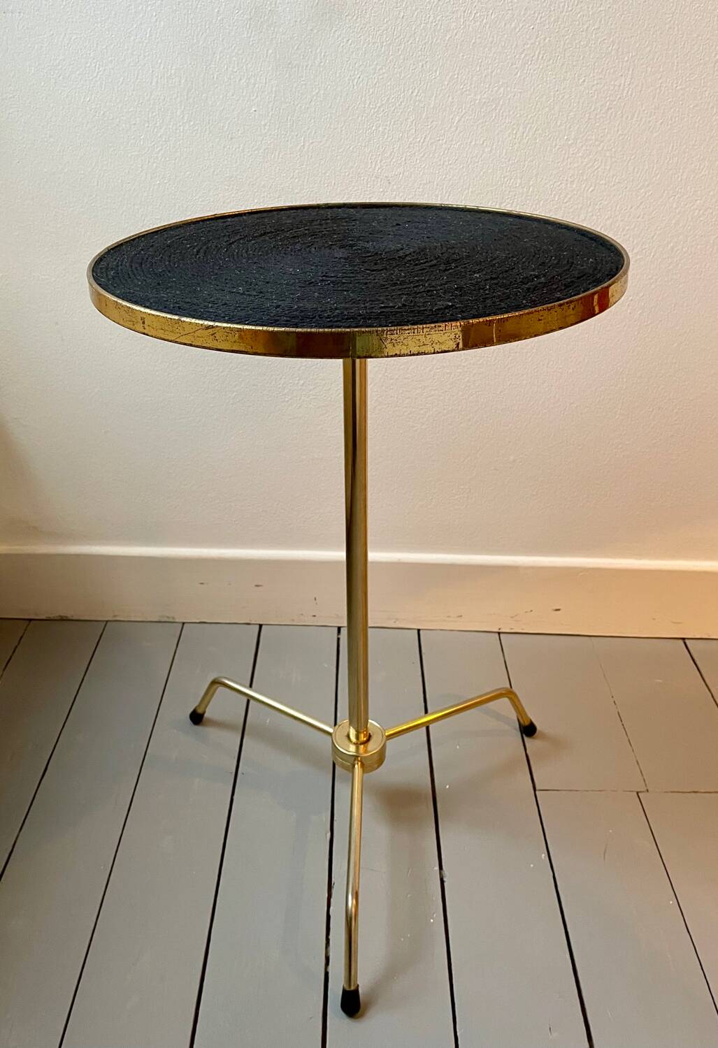 Vintage tripod pedestal table in gold metal