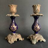 Pair of 19th century Sèvres blue and bronze candlesticks