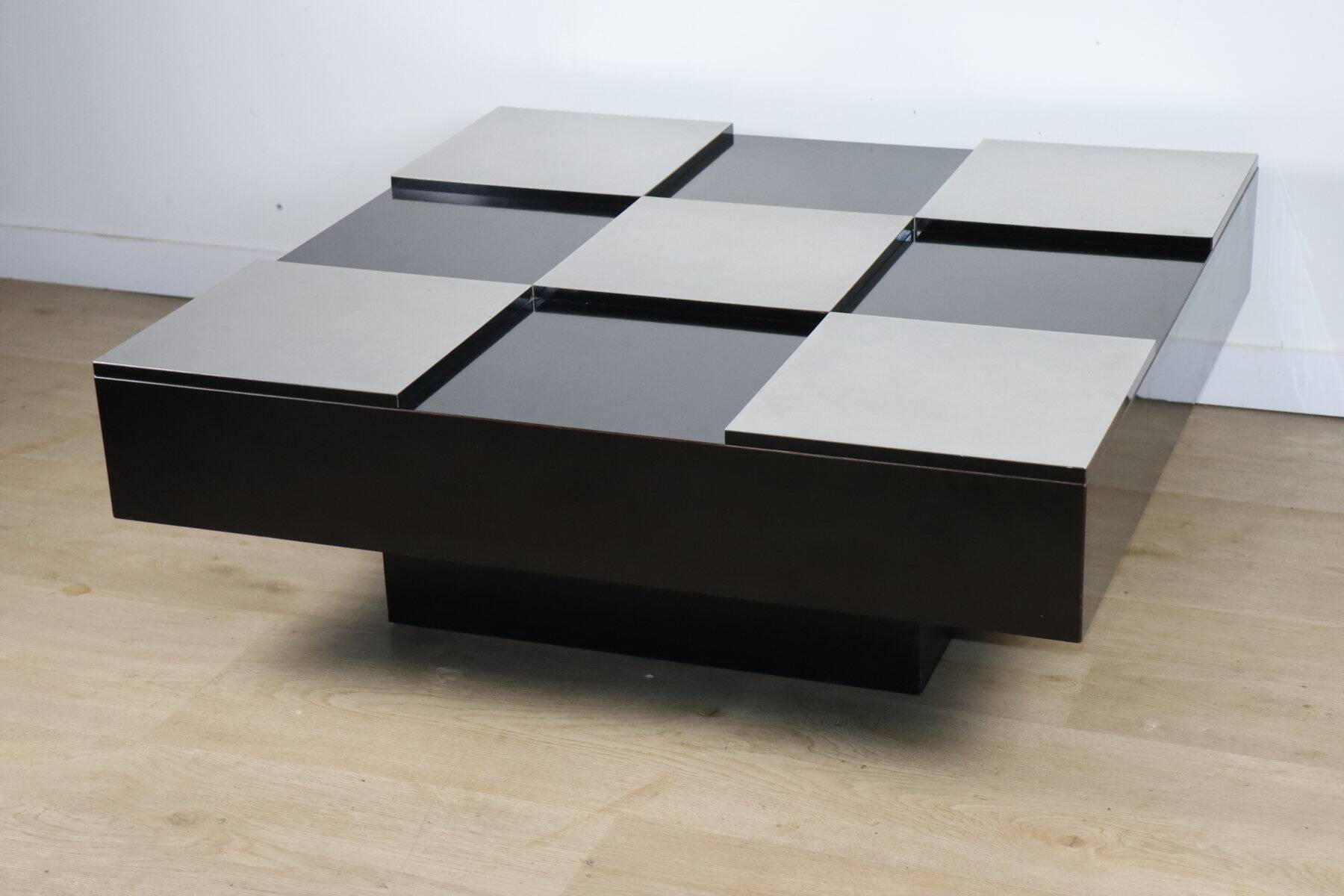 Vintage coffee table in lacquered wood and aluminium - 1970s
