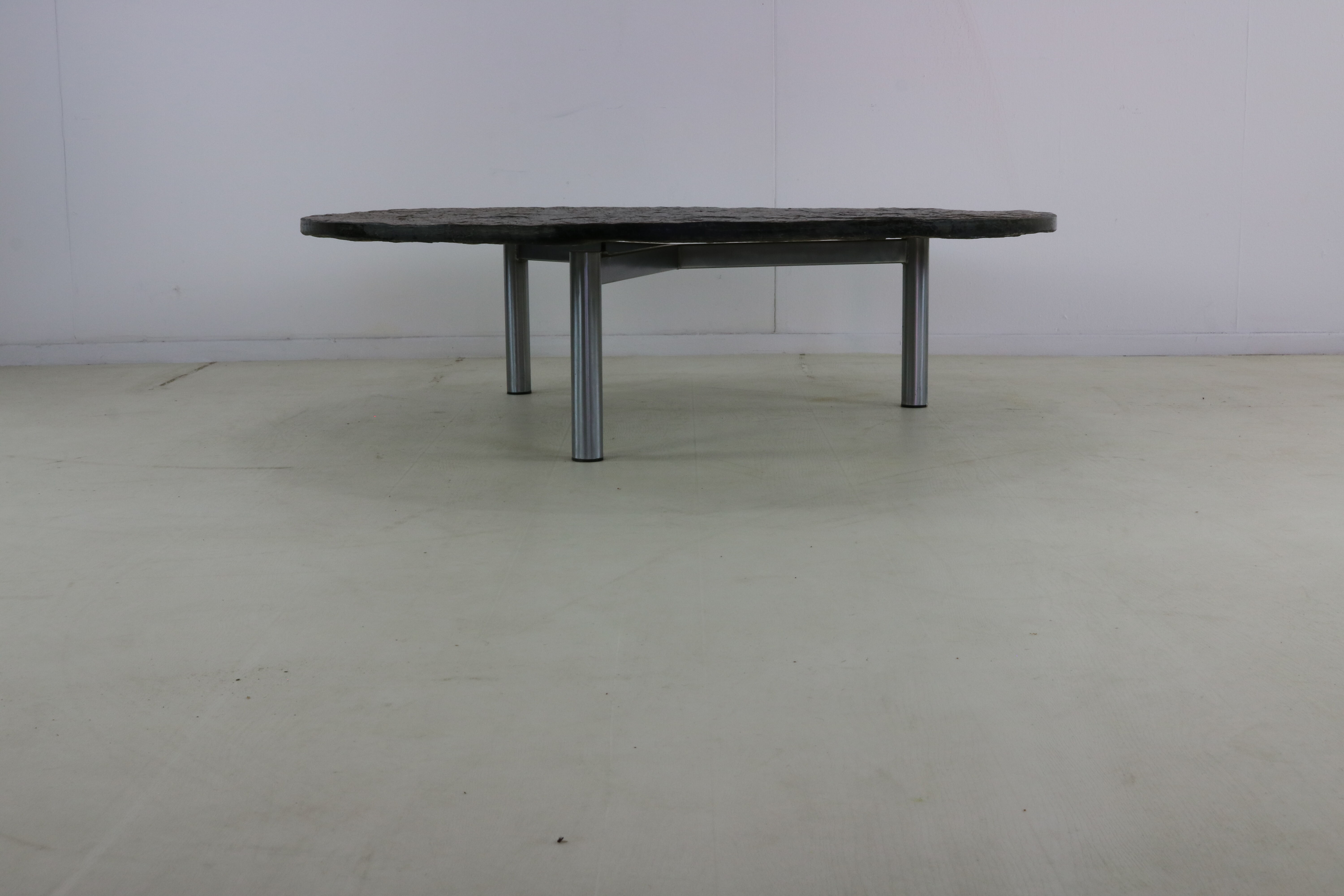 Large brutalist slate stone round coffee table