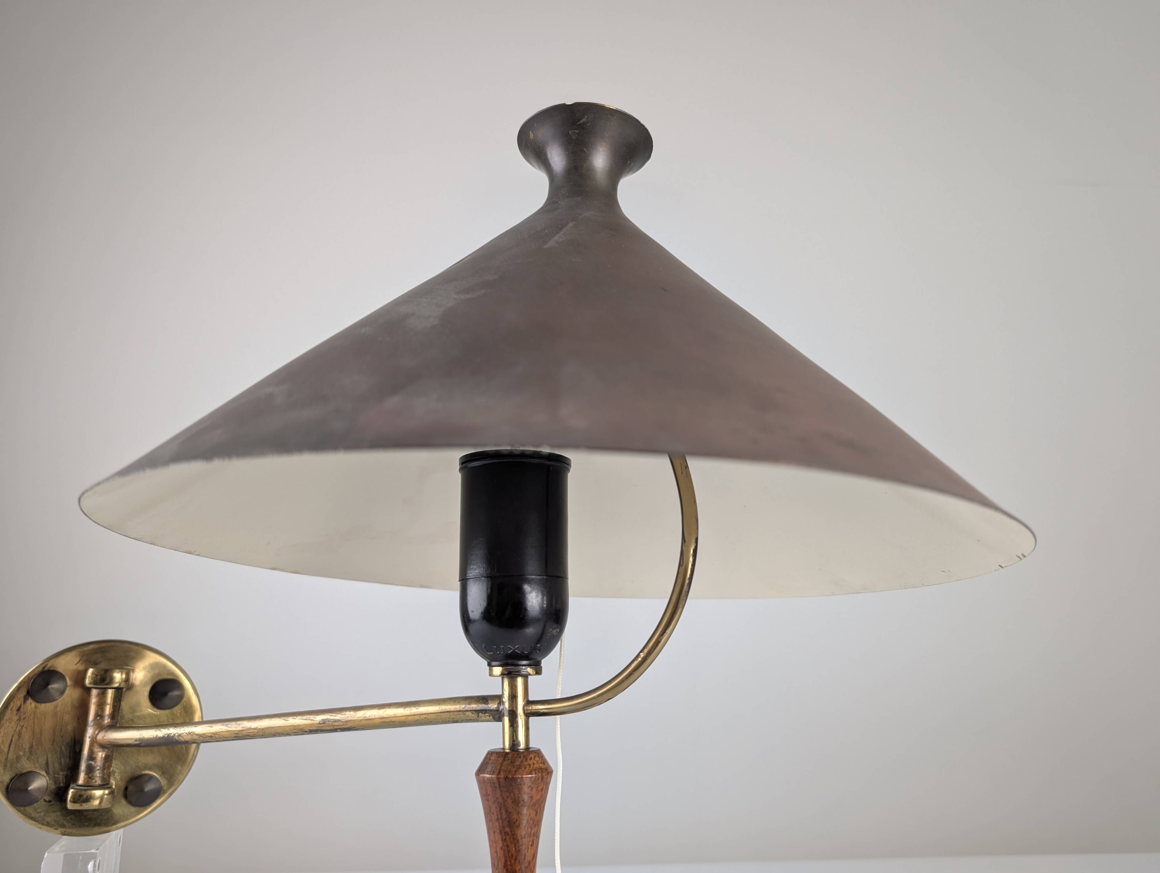 Mid-Century Wall Lamp in Brass and Wood with Black Shade, 1950s