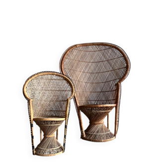 Set of 2 Emmanuelle rattan armchairs — natural beige rattan with black accents, large & small