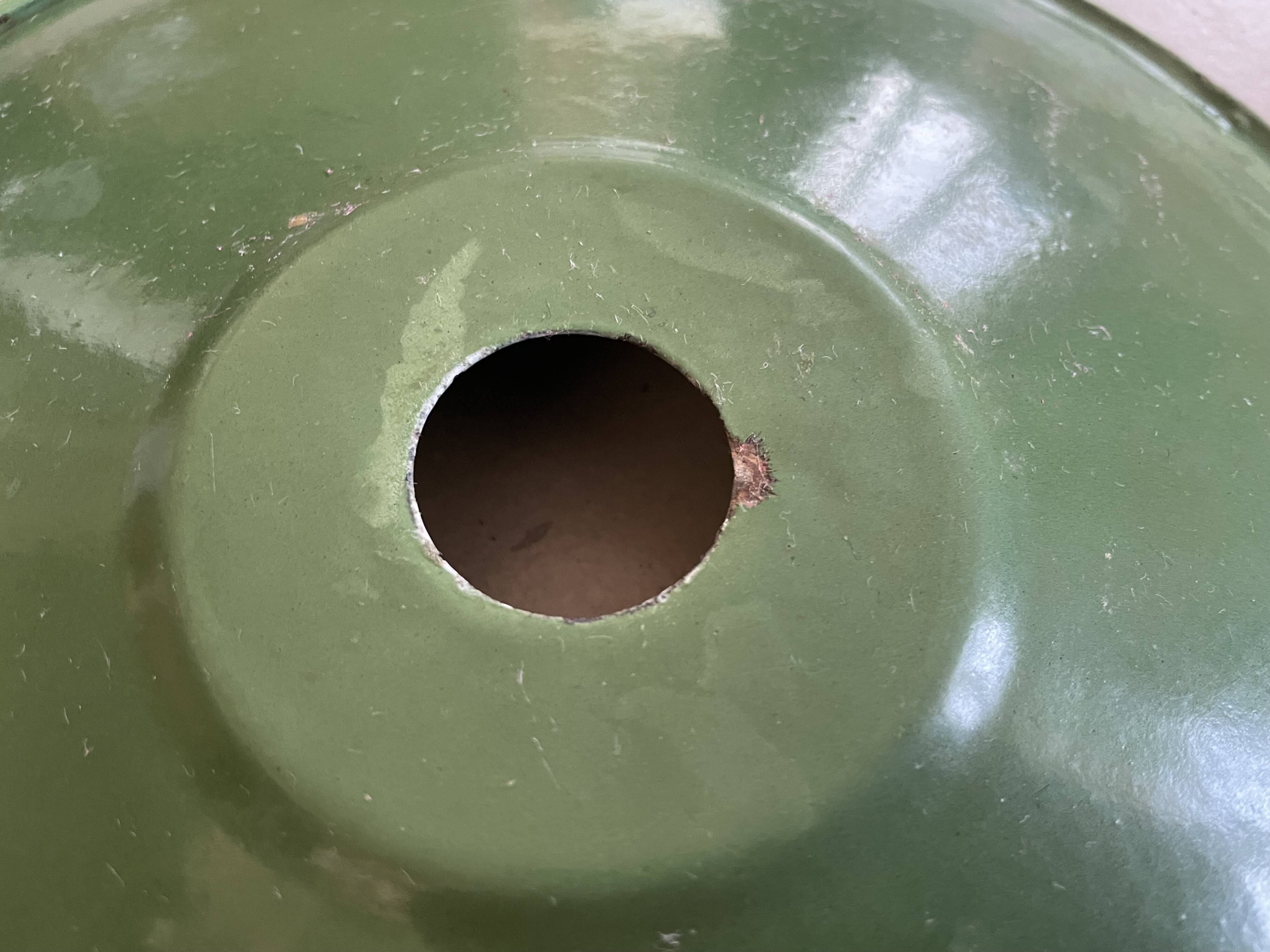 Industrial pendant light, old enameled bowl