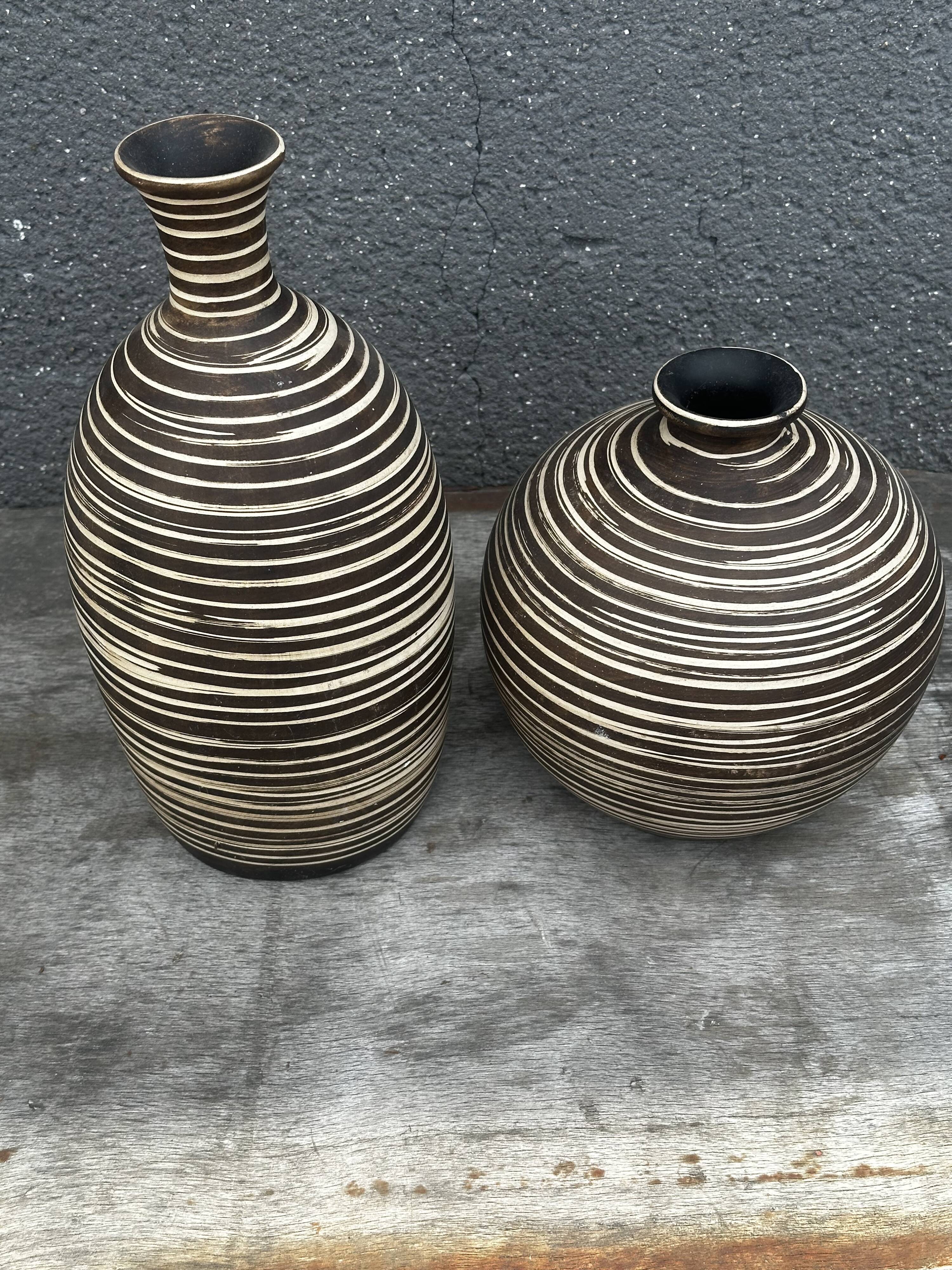 Two Vintage Ethnic Ceramic Vases in Cream and Brown Striped