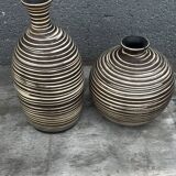 Two Vintage Ethnic Ceramic Vases in Cream and Brown Striped