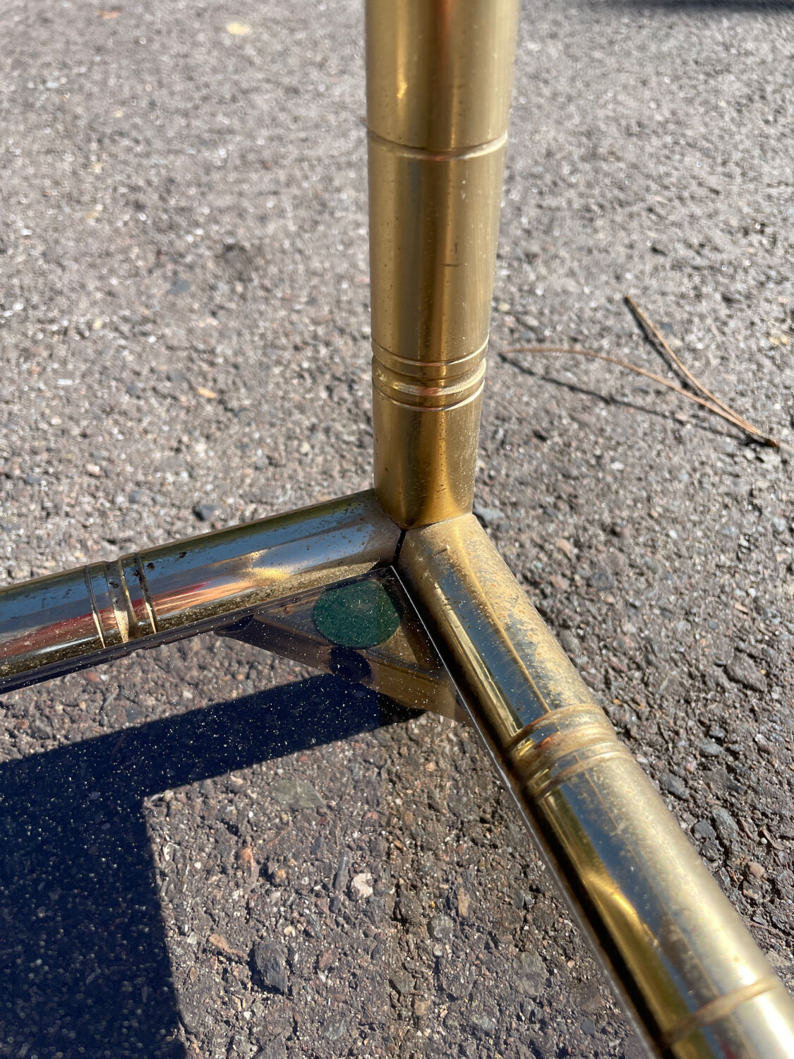 Square faux bamboo pedestal table in gold-plated brass and glass